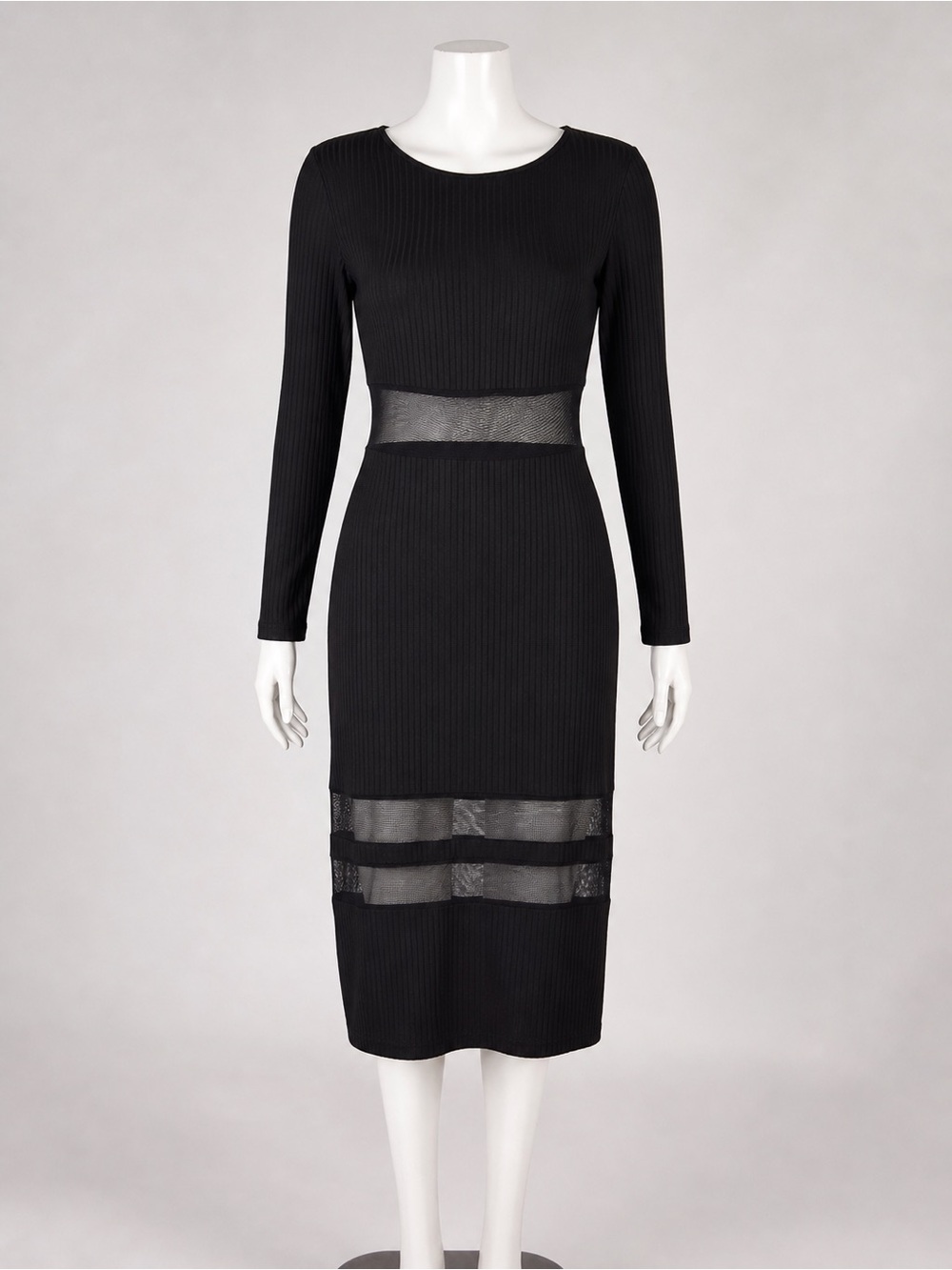 Derek Heart Black Long-Sleeve‎ Mesh-Panel Midi Dress Sz M